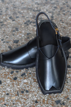 Classic Black Leather Peshawari Chawat | Premium Elegance - My Store