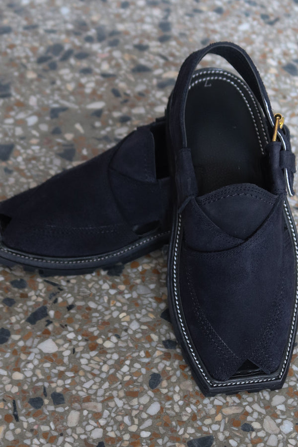 Midnight Elegance – Black Suede Peshawari Chawat | Free Delivery - My Store